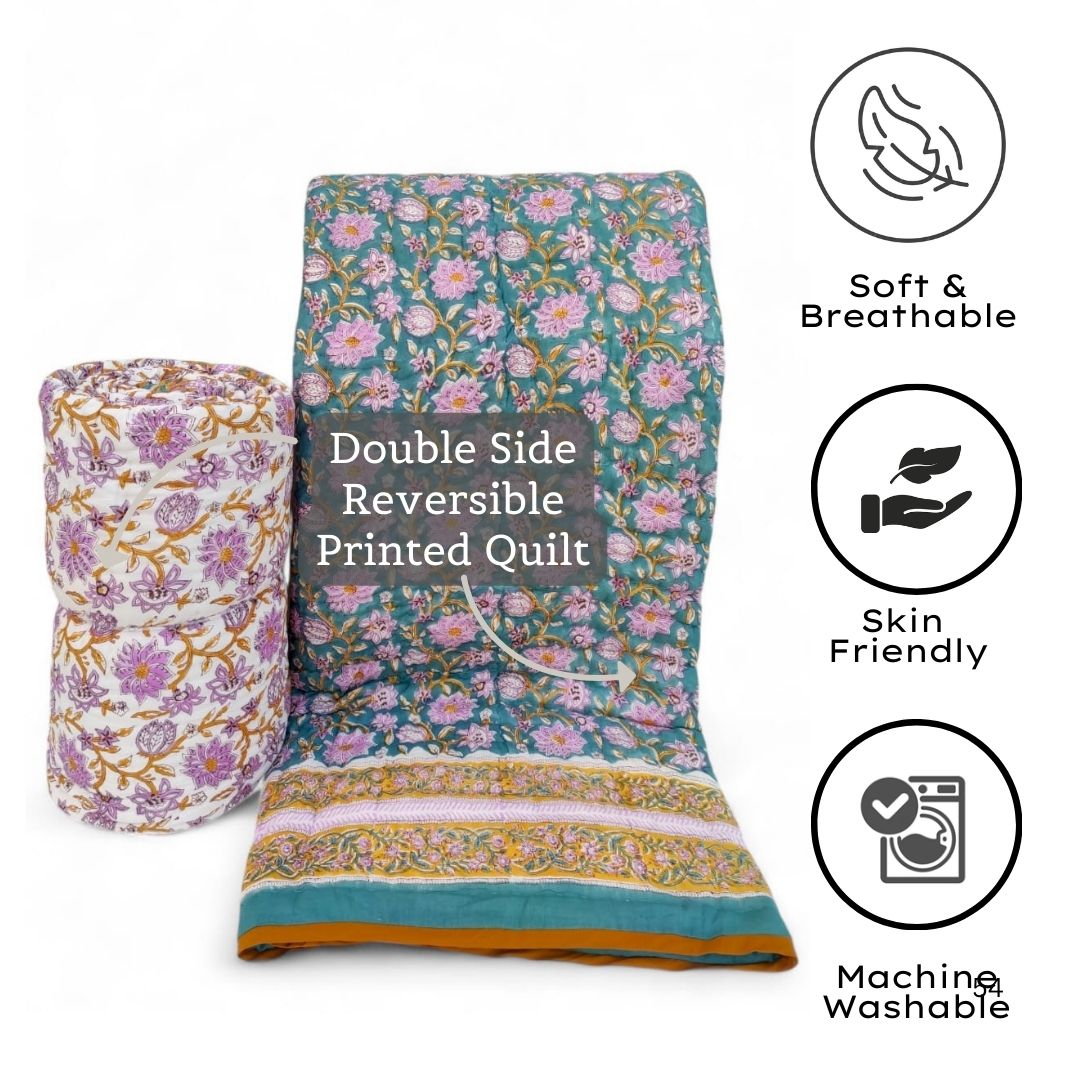 Jaipur Hand Block Printed Cotton Quilt – Lotus Bloom Charm | Reversible | Lightweight Hand Quilted