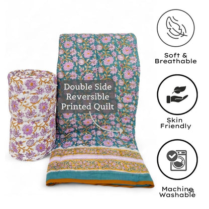 Jaipur Hand Block Printed Cotton Quilt – Lotus Bloom Charm | Reversible | Lightweight Hand Quilted