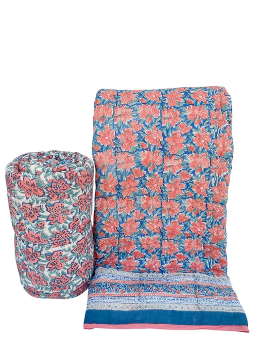 Coral Blossom Serenity Jaipur Hand Block Printed Cotton Reversible Quilt –  | Eco Friendly & Hand Quilted