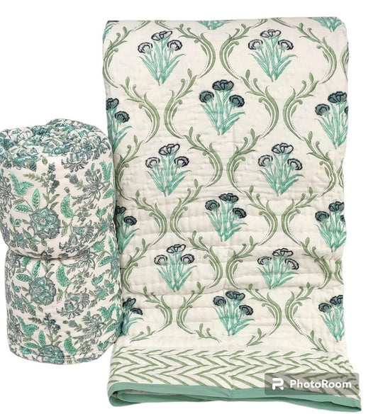 Mint Meadow Charm  Jaipur Hand Block Printed Cotton Reversible Quilt |  Hand Quilted