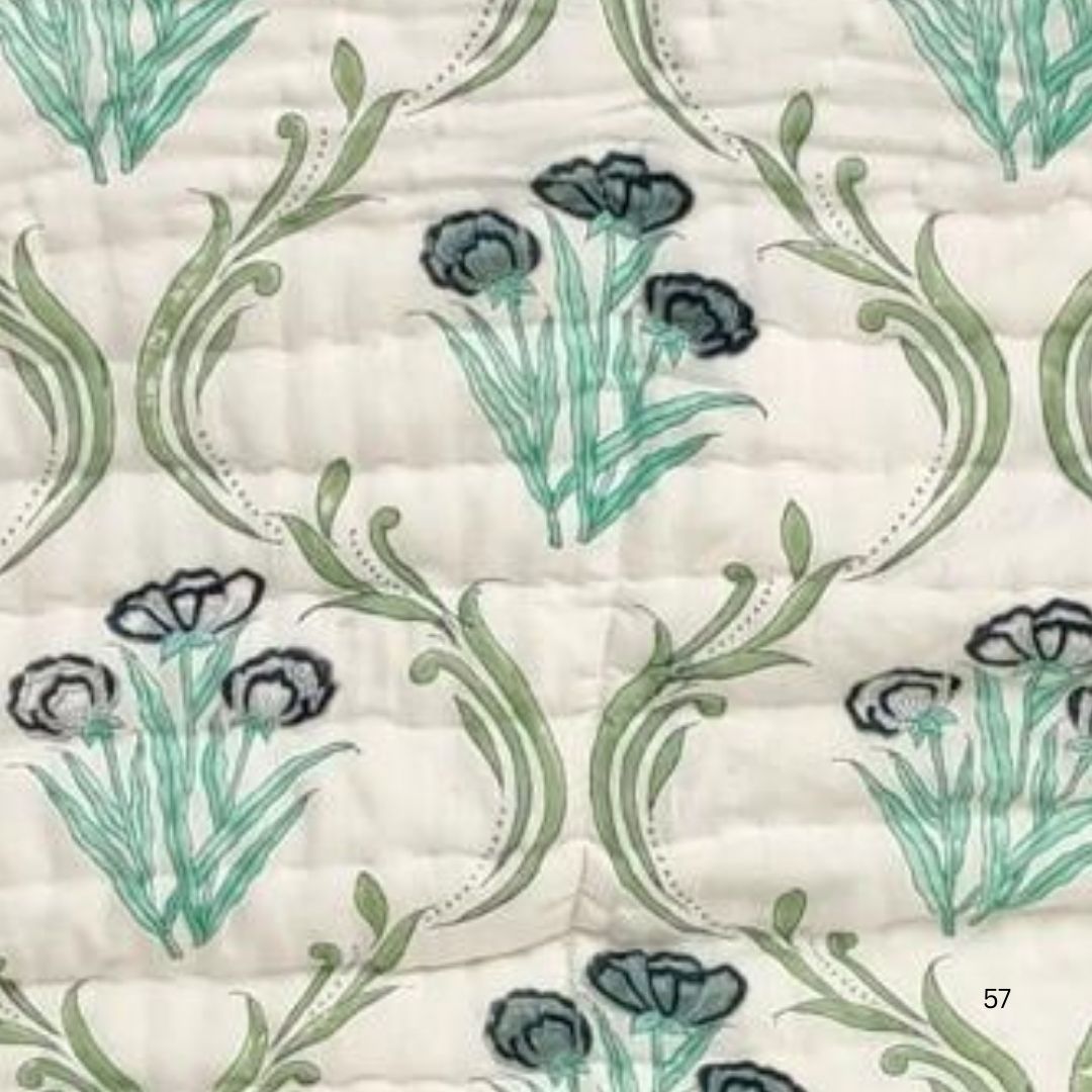 Mint Meadow Charm  Jaipur Hand Block Printed Cotton Reversible Quilt |  Hand Quilted