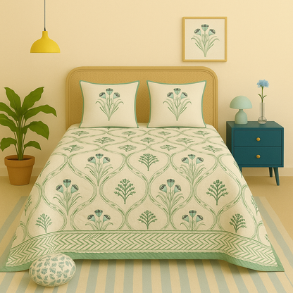 Mint Meadow Charm  Jaipur Hand Block Printed Cotton Reversible Quilt |  Hand Quilted