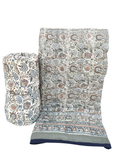 Sandstone Bloom Elegance Jaipur Hand Block Printed Cotton Reversible Quilt |  Lightweight & Hand Quilted