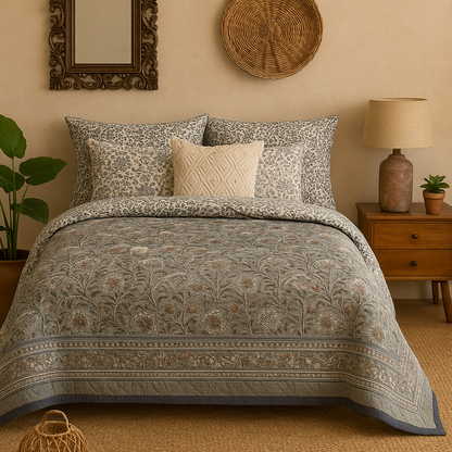 Sandstone Bloom Elegance Jaipur Hand Block Printed Cotton Reversible Quilt |  Lightweight & Hand Quilted