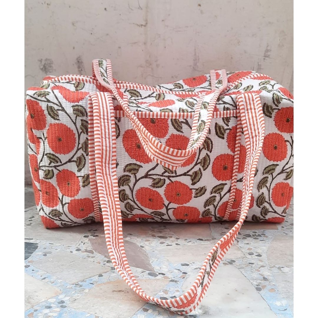 Hand Block Printed Quilted Cotton Duffle Bag – Scarlet Bloom Heritage | Sustainable Travel Bag