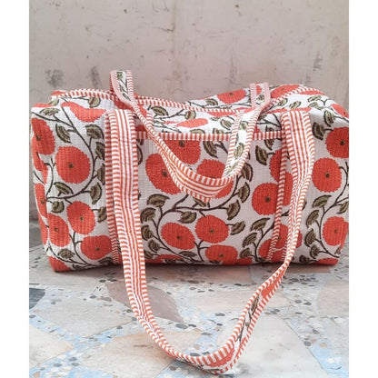Hand Block Printed Quilted Cotton Duffle Bag – Scarlet Bloom Heritage | Sustainable Travel Bag