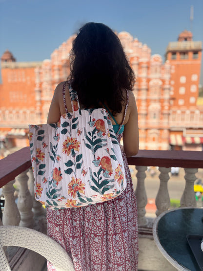Hand Block Printed Quilted Cotton Oversized Tote Bag Floral Shoulder Bag Large Capacity Handmade Cotton Shopper Bag