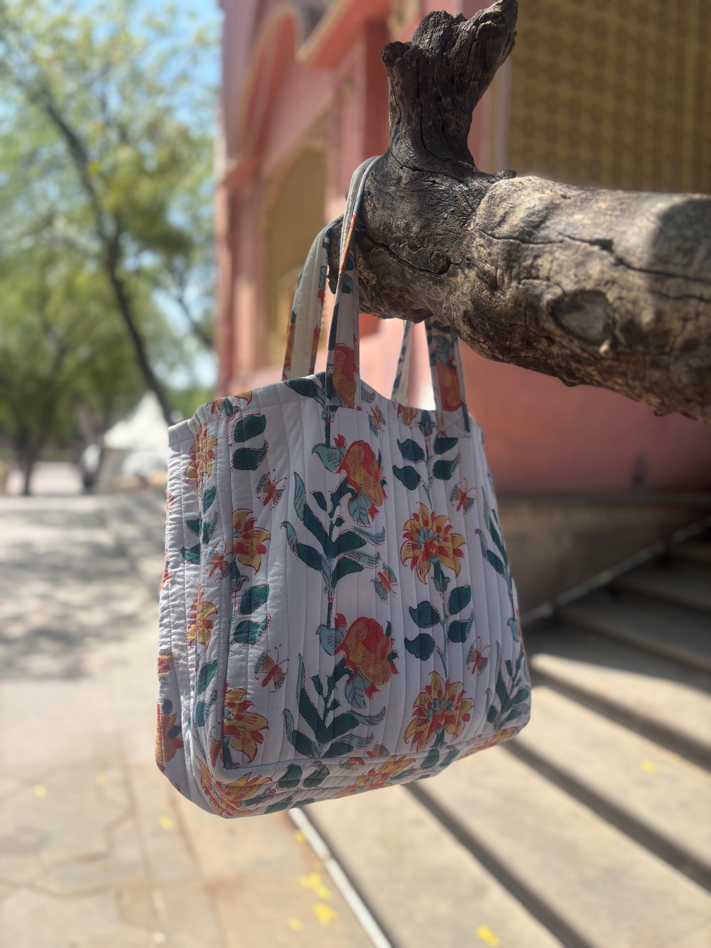Hand Block Printed Quilted Cotton Oversized Tote Bag Floral Shoulder Bag Large Capacity Handmade Cotton Shopper Bag