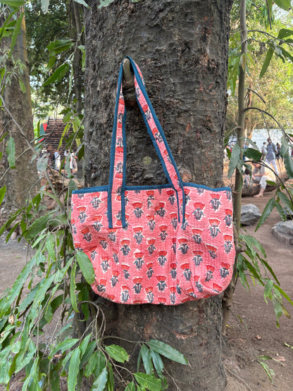 Pink Lotus Hand Block Printed Quilted Cotton Tote Bag – Customizable Wholesale Export Tote