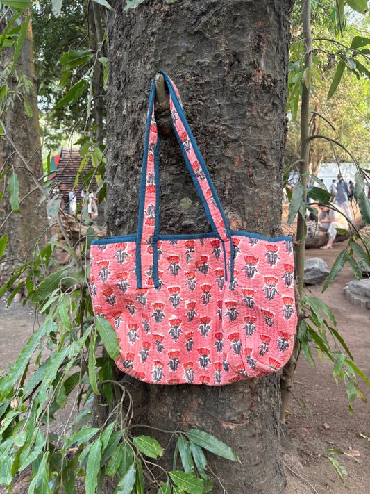 Pink Lotus Hand Block Printed Quilted Cotton Tote Bag – Customizable Wholesale Export Tote