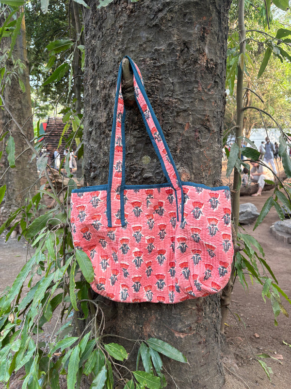 Pink Lotus Hand Block Printed Quilted Cotton Tote Bag – Customizable Wholesale Export Tote