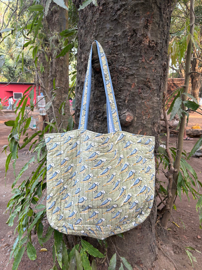 Wholesale Hand Block Printed Bird Print Quilted Cotton Oversized Tote Bag | Reversible Cotton Shoulder Bag Manufacturer Exporter