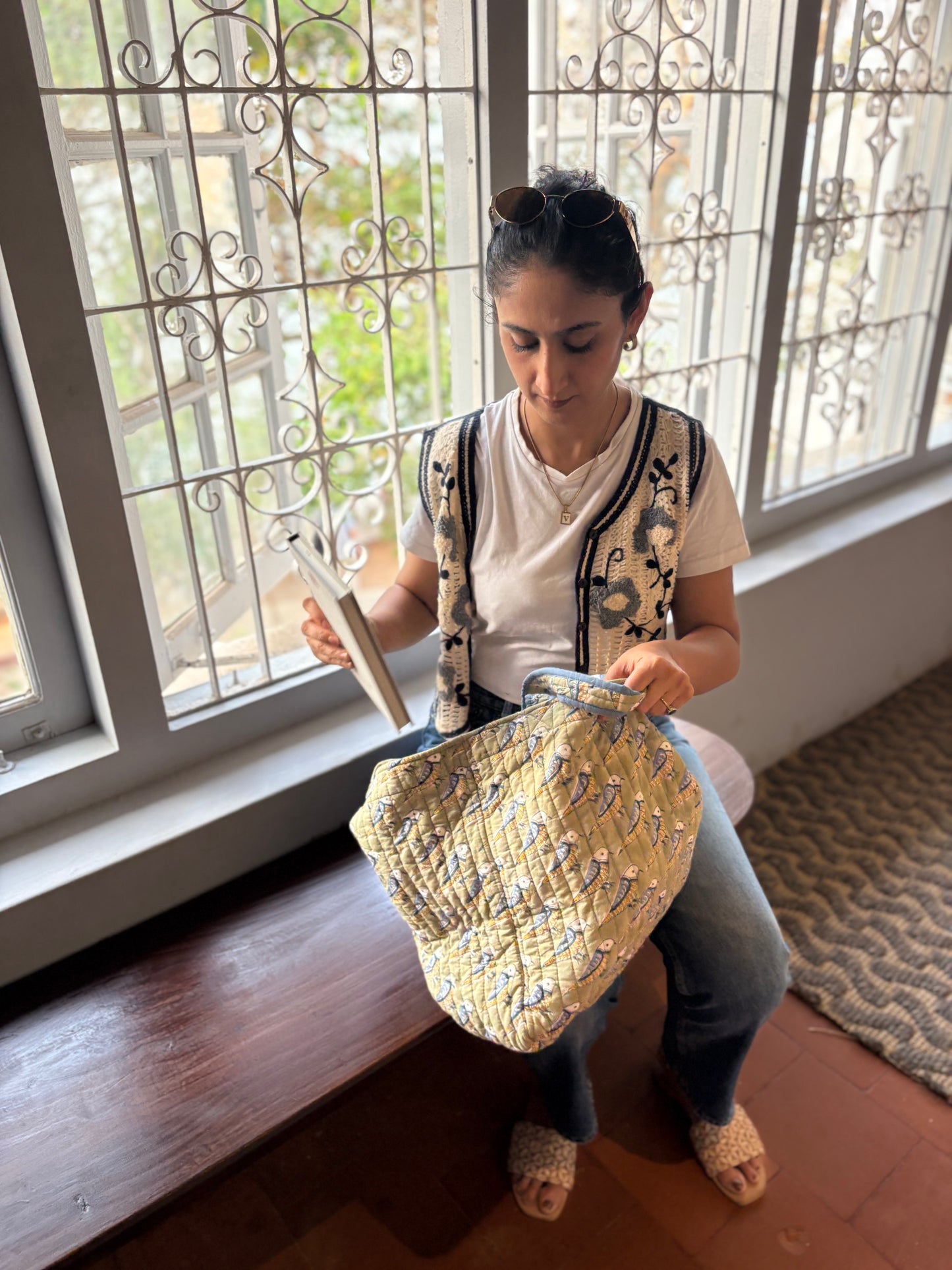 Wholesale Hand Block Printed Bird Print Quilted Cotton Oversized Tote Bag | Reversible Cotton Shoulder Bag Manufacturer Exporter