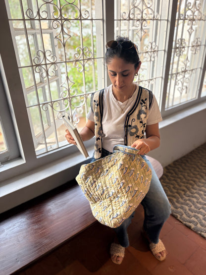 Wholesale Hand Block Printed Bird Print Quilted Cotton Oversized Tote Bag | Reversible Cotton Shoulder Bag Manufacturer Exporter