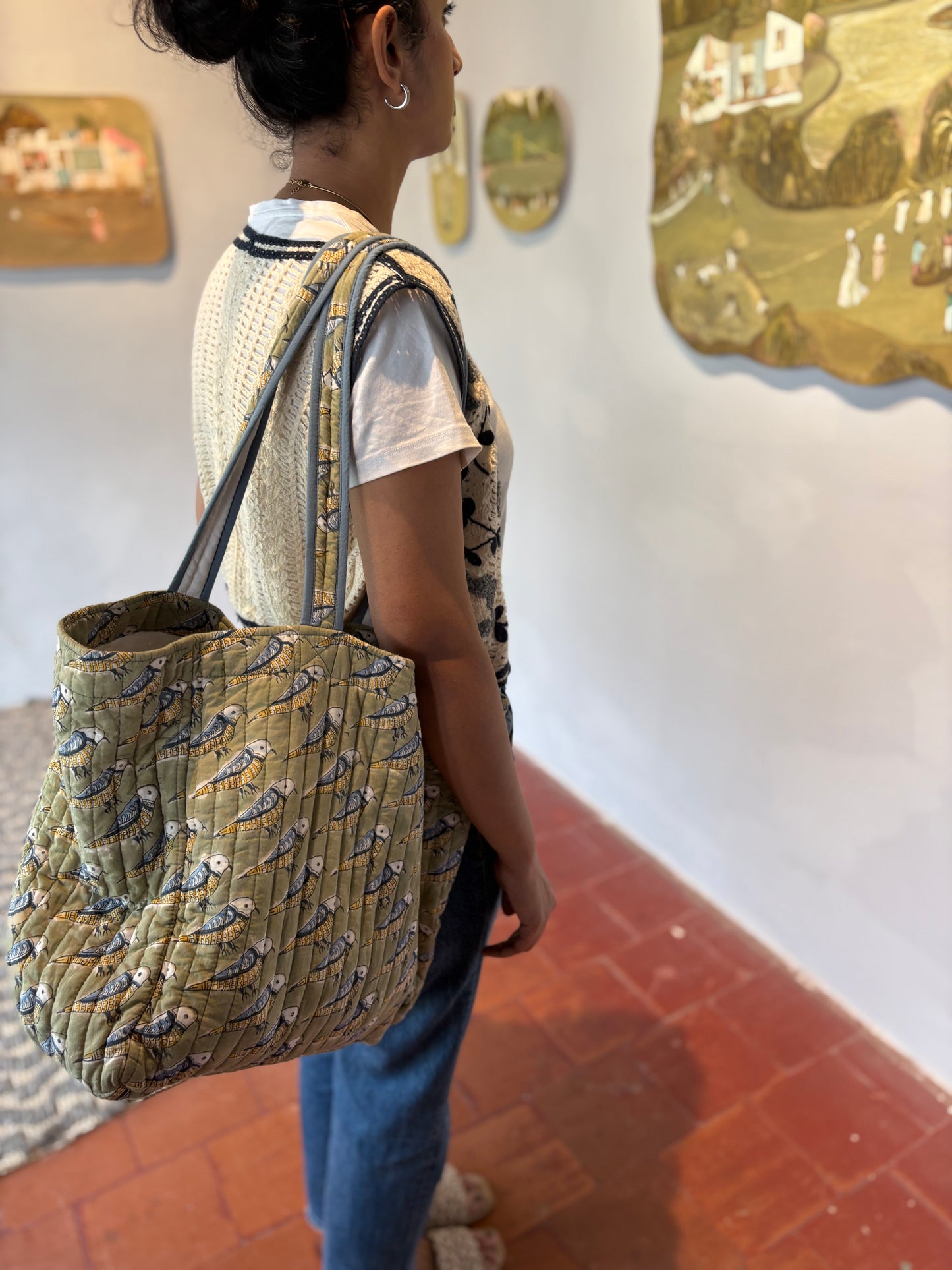 Wholesale Hand Block Printed Bird Print Quilted Cotton Oversized Tote Bag | Reversible Cotton Shoulder Bag Manufacturer Exporter