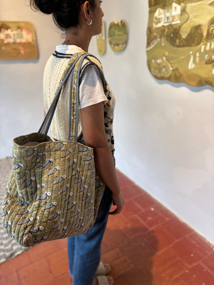 Wholesale Hand Block Printed Bird Print Quilted Cotton Oversized Tote Bag | Reversible Cotton Shoulder Bag Manufacturer Exporter