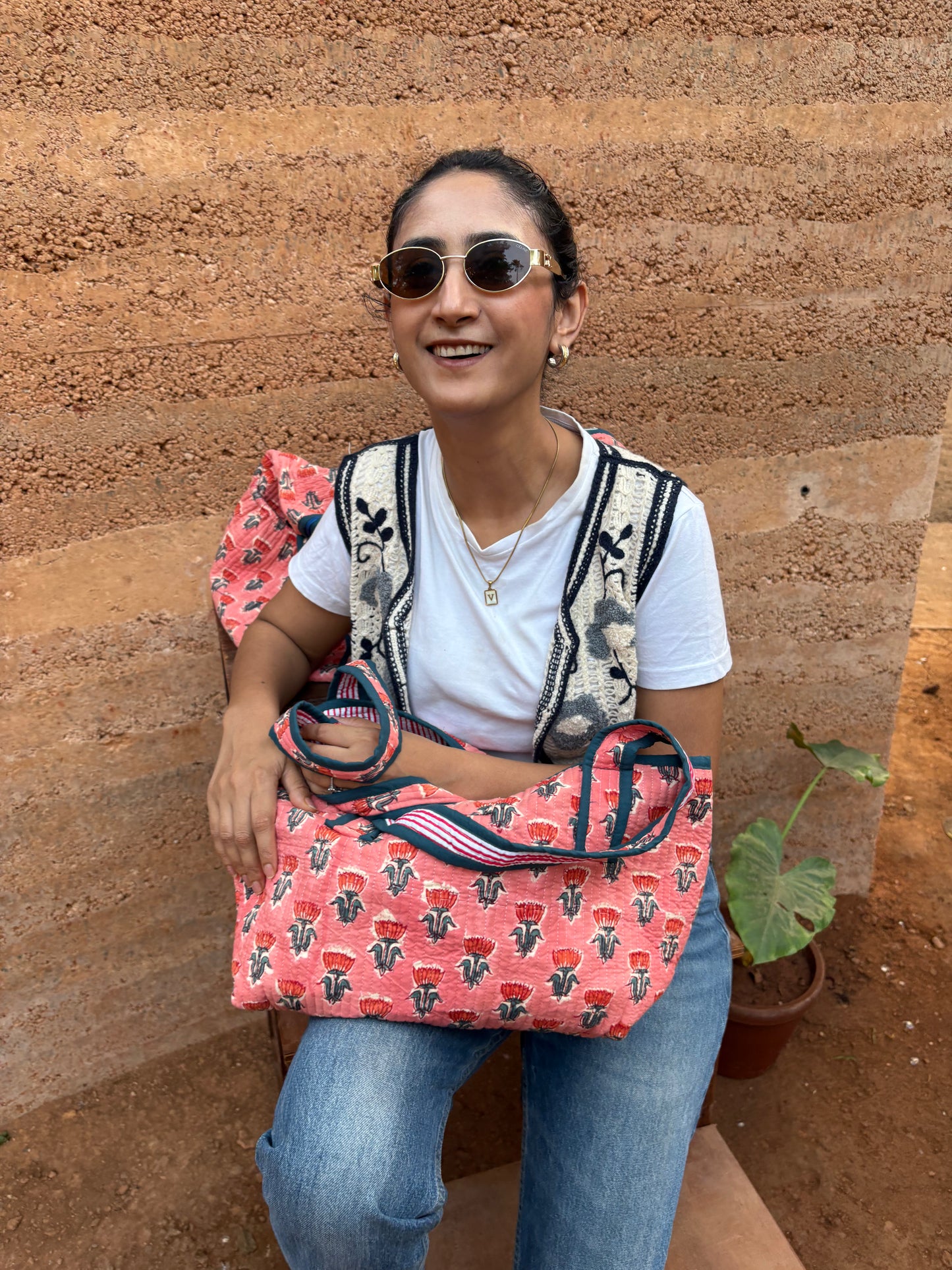 Pink Lotus Hand Block Printed Quilted Cotton Tote Bag – Customizable Wholesale Export Tote