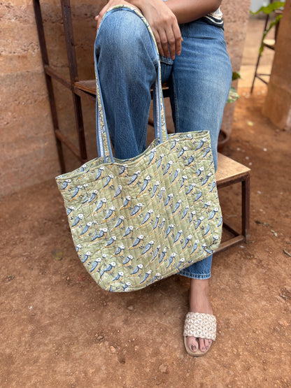 Wholesale Hand Block Printed Bird Print Quilted Cotton Oversized Tote Bag | Reversible Cotton Shoulder Bag Manufacturer Exporter