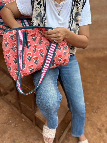 Pink Lotus Hand Block Printed Quilted Cotton Tote Bag – Customizable Wholesale Export Tote