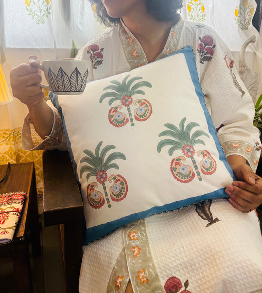 Palm Paiseley Hand Block Printed Cushion Cover | 16" X 16" | 100 % Pure Canvas Cotton