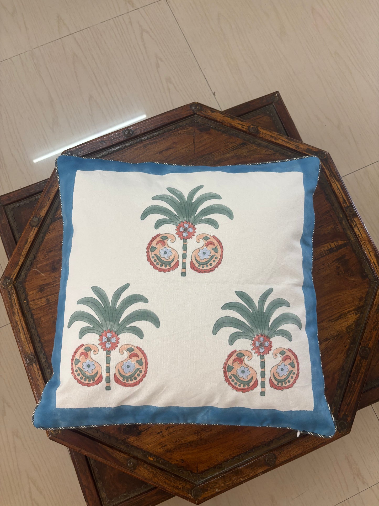 Palm Paiseley Hand Block Printed Cushion Cover | 16" X 16" | 100 % Pure Canvas Cotton