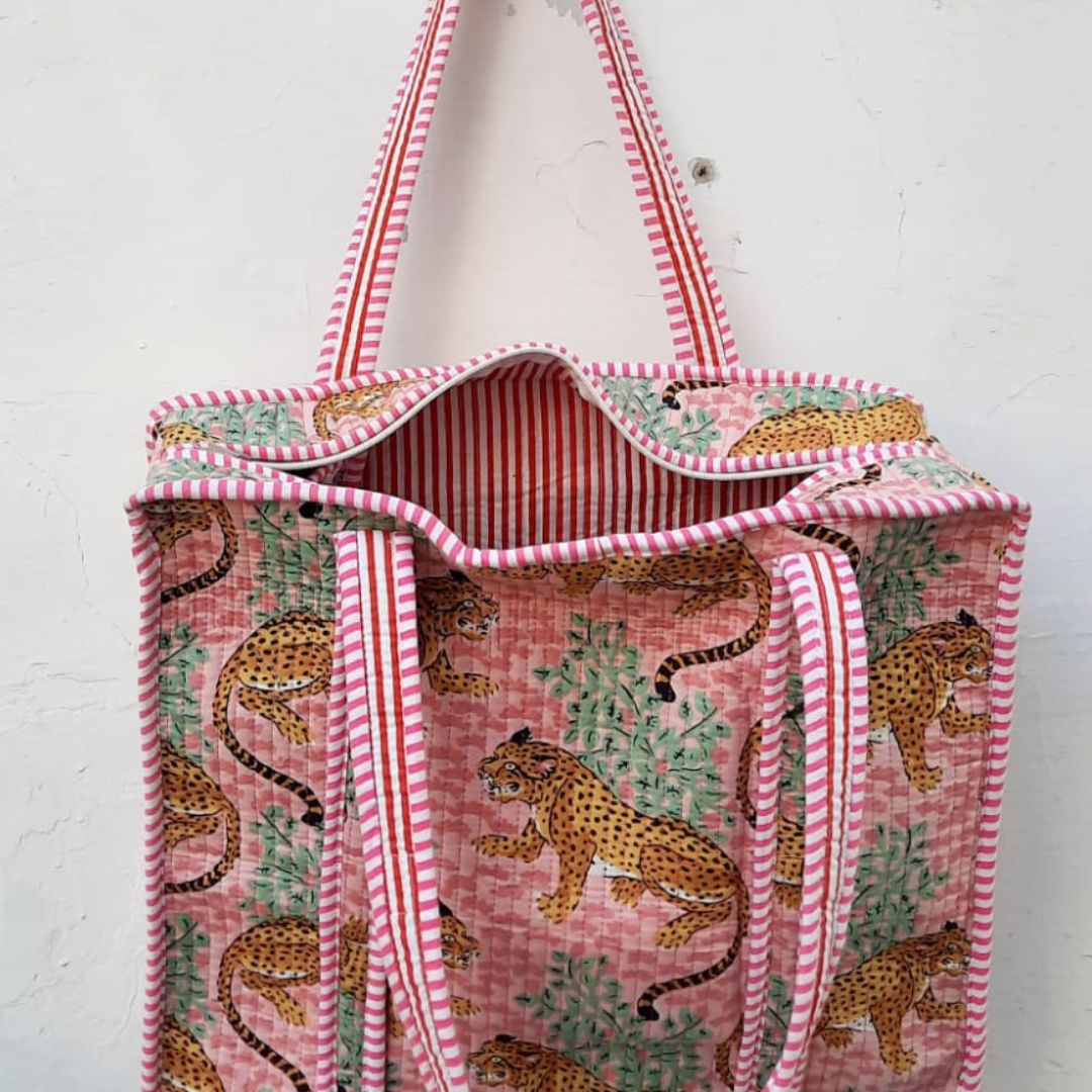 Hand Block Printed Quilted Cotton Tote Bag | Panthera Pink Heritage Bag