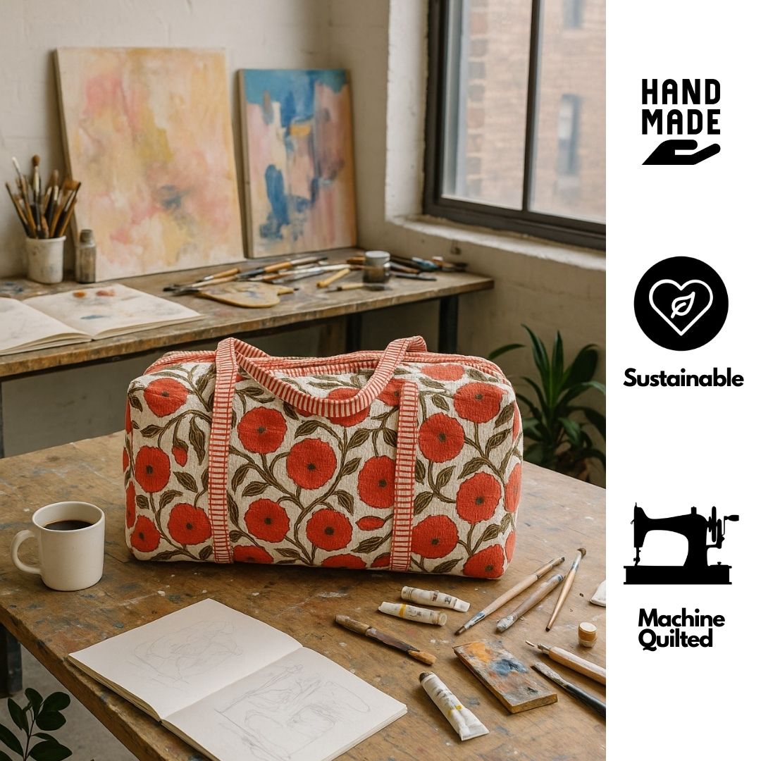 Hand Block Printed Quilted Cotton Duffle Bag – Scarlet Bloom Heritage | Sustainable Travel Bag