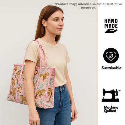 Hand Block Printed Quilted Cotton Tote Bag | Panthera Pink Heritage Bag