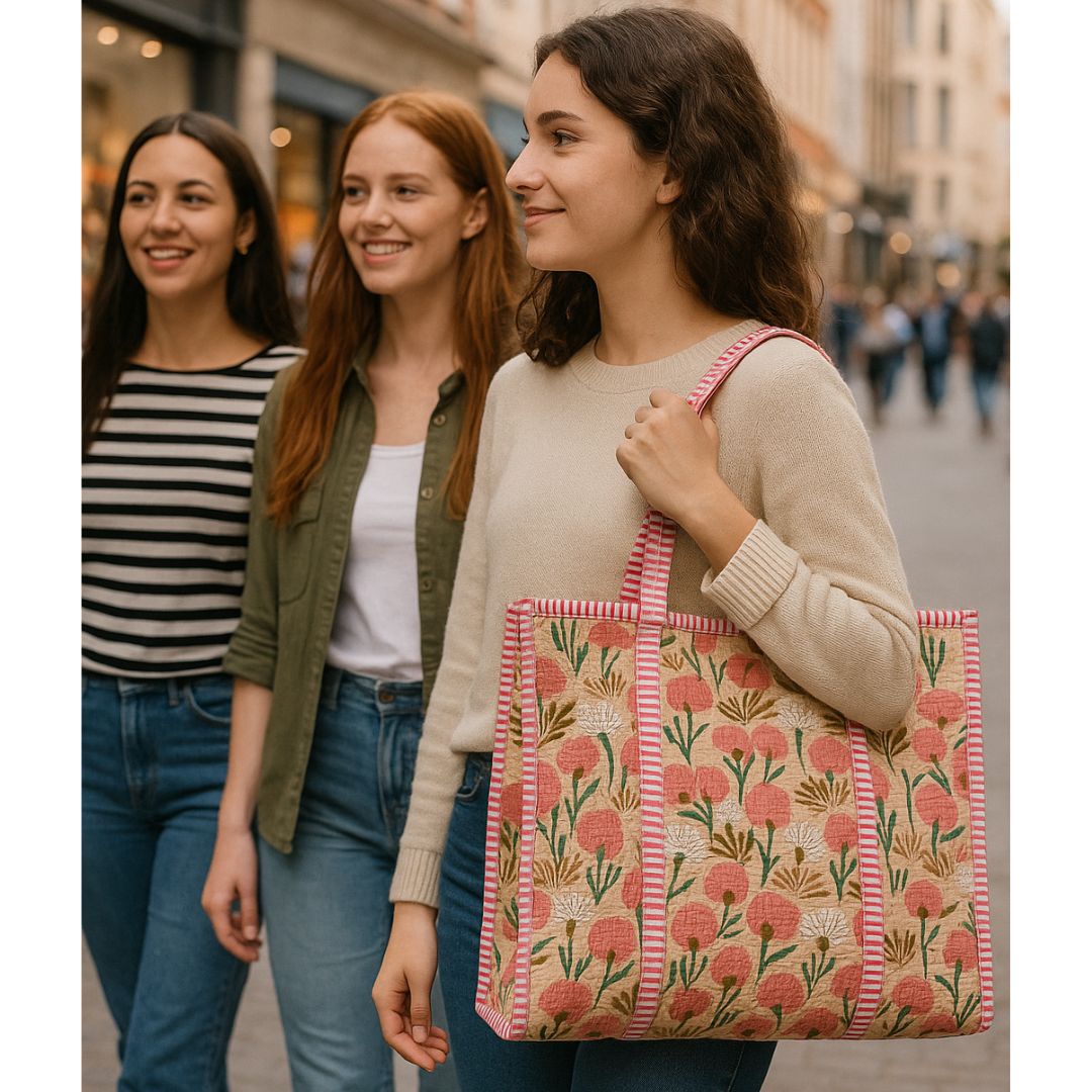 Hand Block Printed Quilted Cotton Tote Bag | Peach Meadow Floral Heritage Design