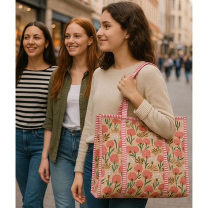 Hand Block Printed Quilted Cotton Tote Bag | Peach Meadow Floral Heritage Design
