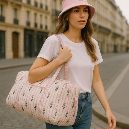 Hand Block Printed Quilted Cotton Duffle Bag – Blush Stripe Bloom | Sustainable Travel Bag