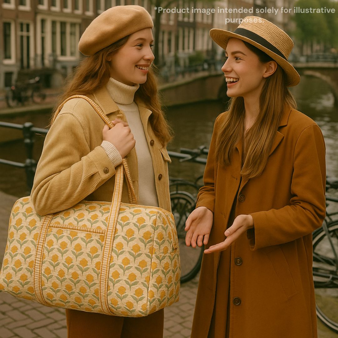 Hand Block Printed Quilted Cotton Duffle Bag – Marigold Meadow | Sustainable Travel Bag