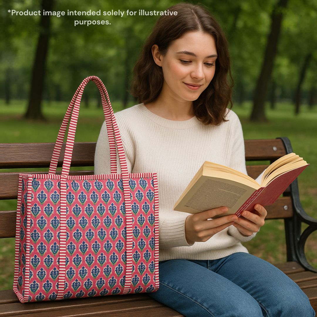 Hand Block Printed Quilted Cotton Tote Bag | Indigo Bloom on Coral Canvas