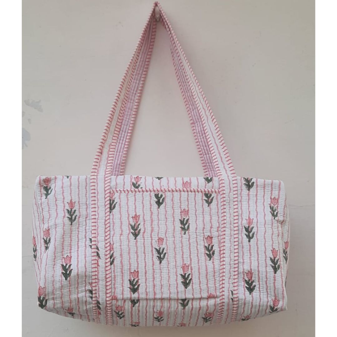 Hand Block Printed Quilted Cotton Duffle Bag – Blush Stripe Bloom | Sustainable Travel Bag