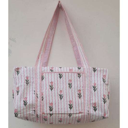 Hand Block Printed Quilted Cotton Duffle Bag – Blush Stripe Bloom | Sustainable Travel Bag