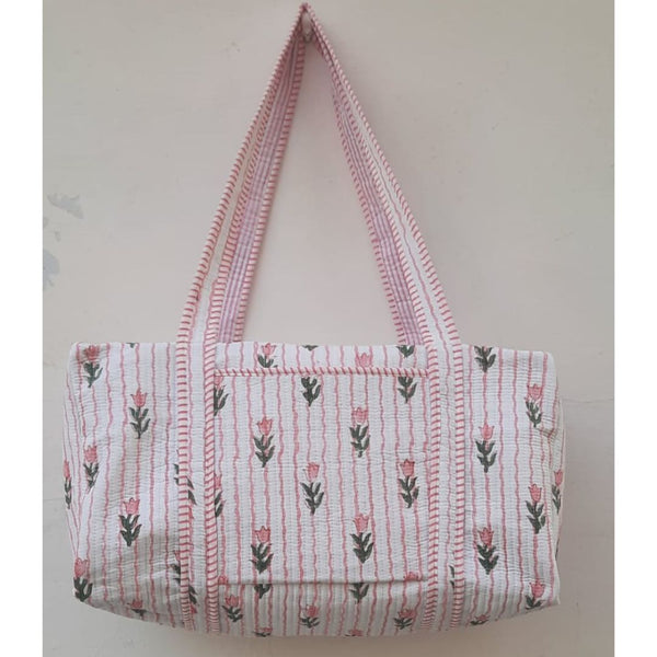 Hand Block Printed Quilted Cotton Duffle Bag – Blush Stripe Bloom | Sustainable Travel Bag