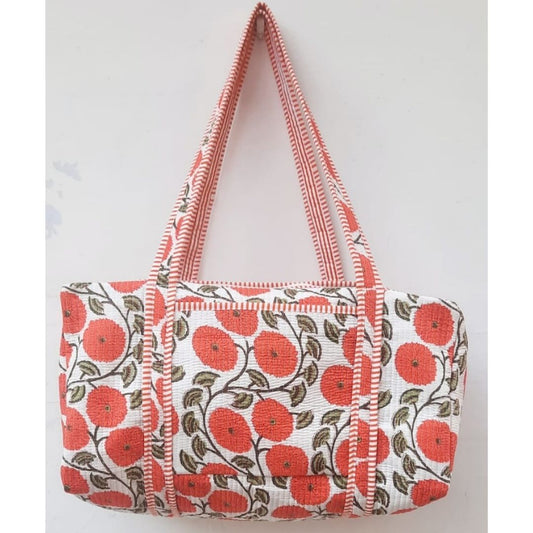 Hand Block Printed Quilted Cotton Duffle Bag – Scarlet Bloom Heritage | Sustainable Travel Bag