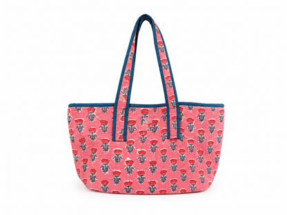 Pink Lotus Hand Block Printed Quilted Cotton Tote Bag – Customizable Wholesale Export Tote