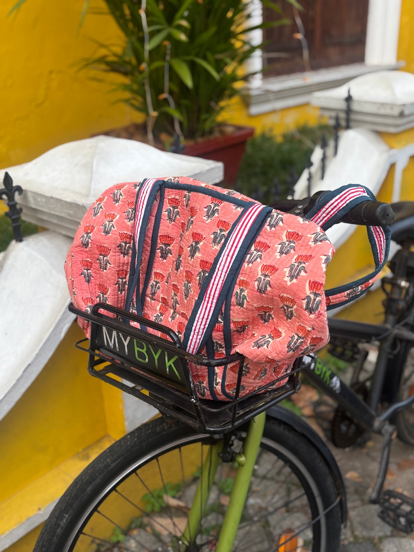 Hand Block Print Quilted Cotton Duffle Bag in Coral Floral Motif | Statement Travel Weekender Bag