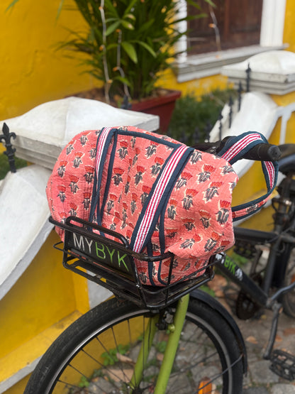 Hand Block Print Quilted Cotton Duffle Bag in Coral Floral Motif | Statement Travel Weekender Bag