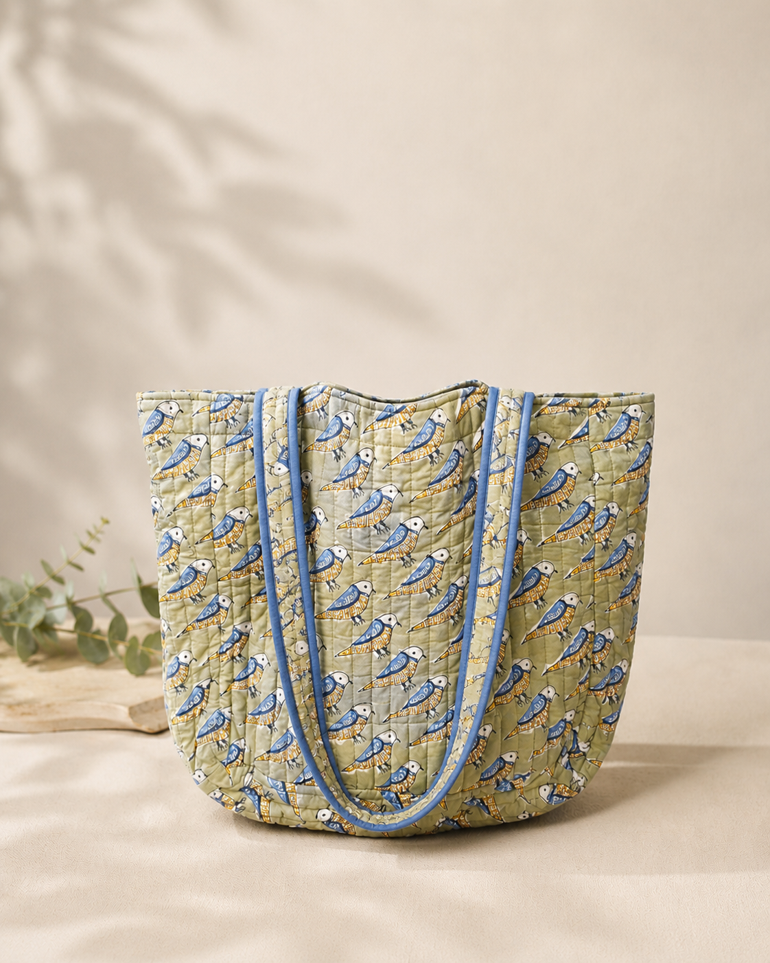 Wholesale Hand Block Printed Bird Print Quilted Cotton Oversized Tote Bag | Reversible Cotton Shoulder Bag Manufacturer Exporter