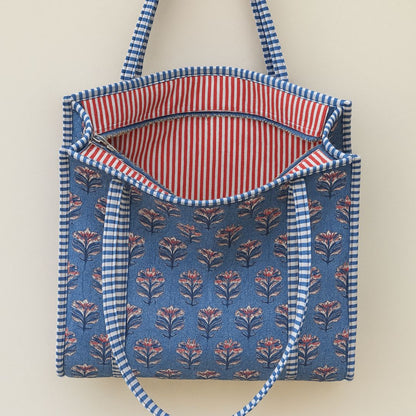 Hand Block Printed Quilted Cotton Tote Bag | Indigo Bloom Heritage Bag  | Eco friendly Machine Washable Tote bag