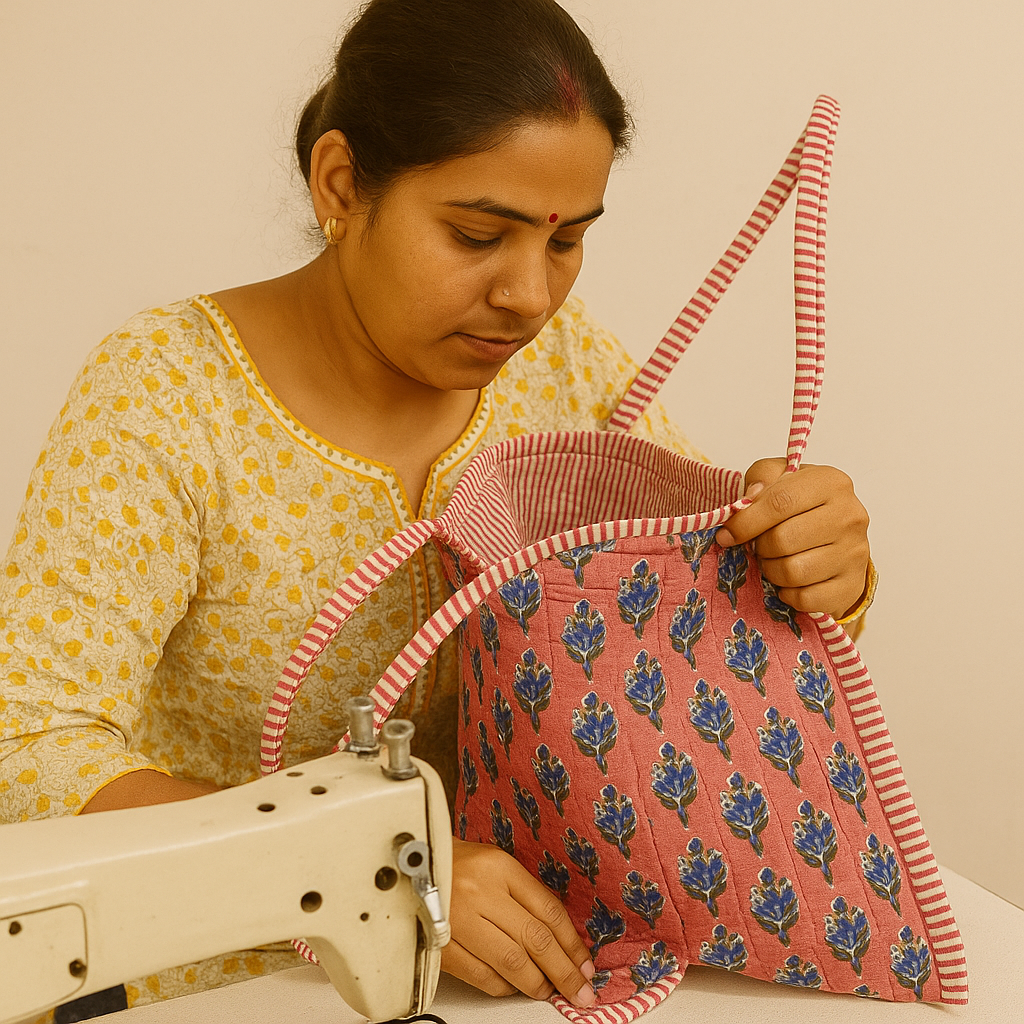 Hand Block Printed Quilted Cotton Tote Bag | Indigo Bloom on Coral Canvas