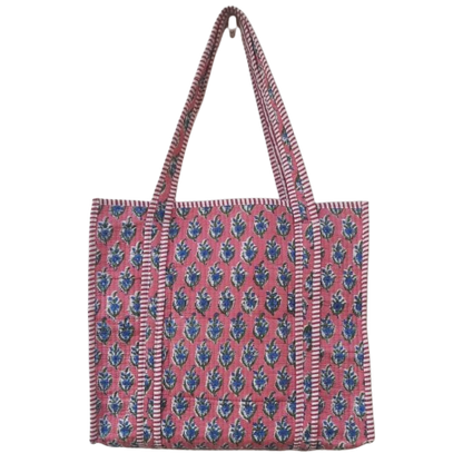 Hand Block Printed Quilted Cotton Tote Bag | Indigo Bloom on Coral Canvas