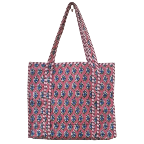 Hand Block Printed Quilted Cotton Tote Bag | Indigo Bloom on Coral Canvas