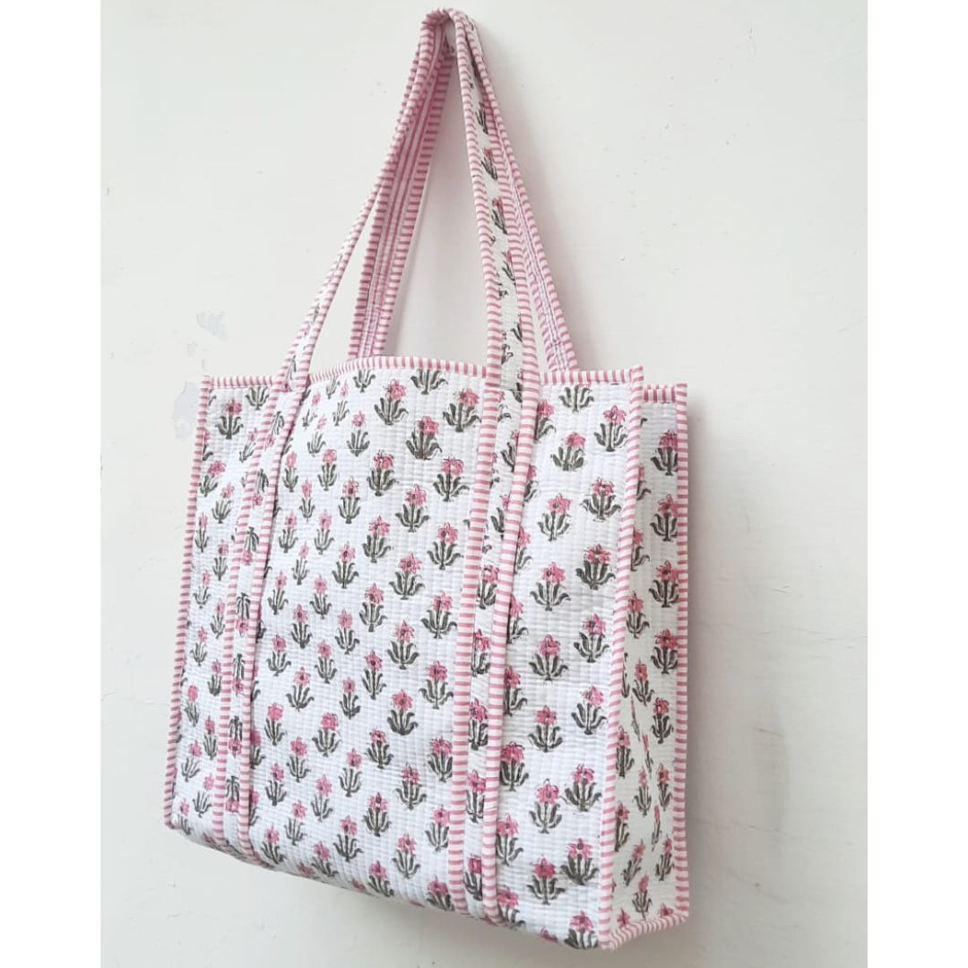 Hand Block Printed Quilted Cotton Tote Bag | Pink Blossom Heritage Bag