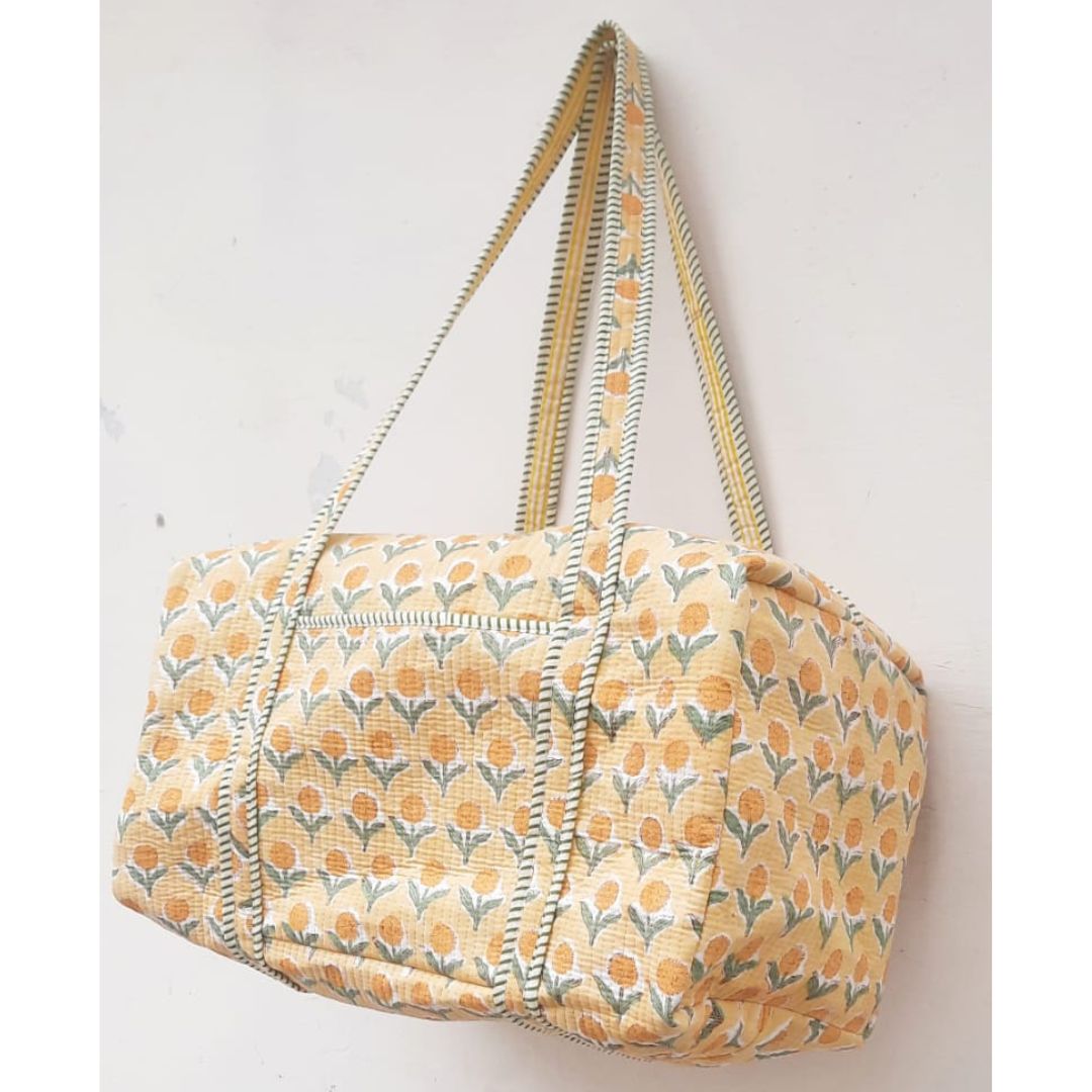 Hand Block Printed Quilted Cotton Duffle Bag – Marigold Meadow | Sustainable Travel Bag