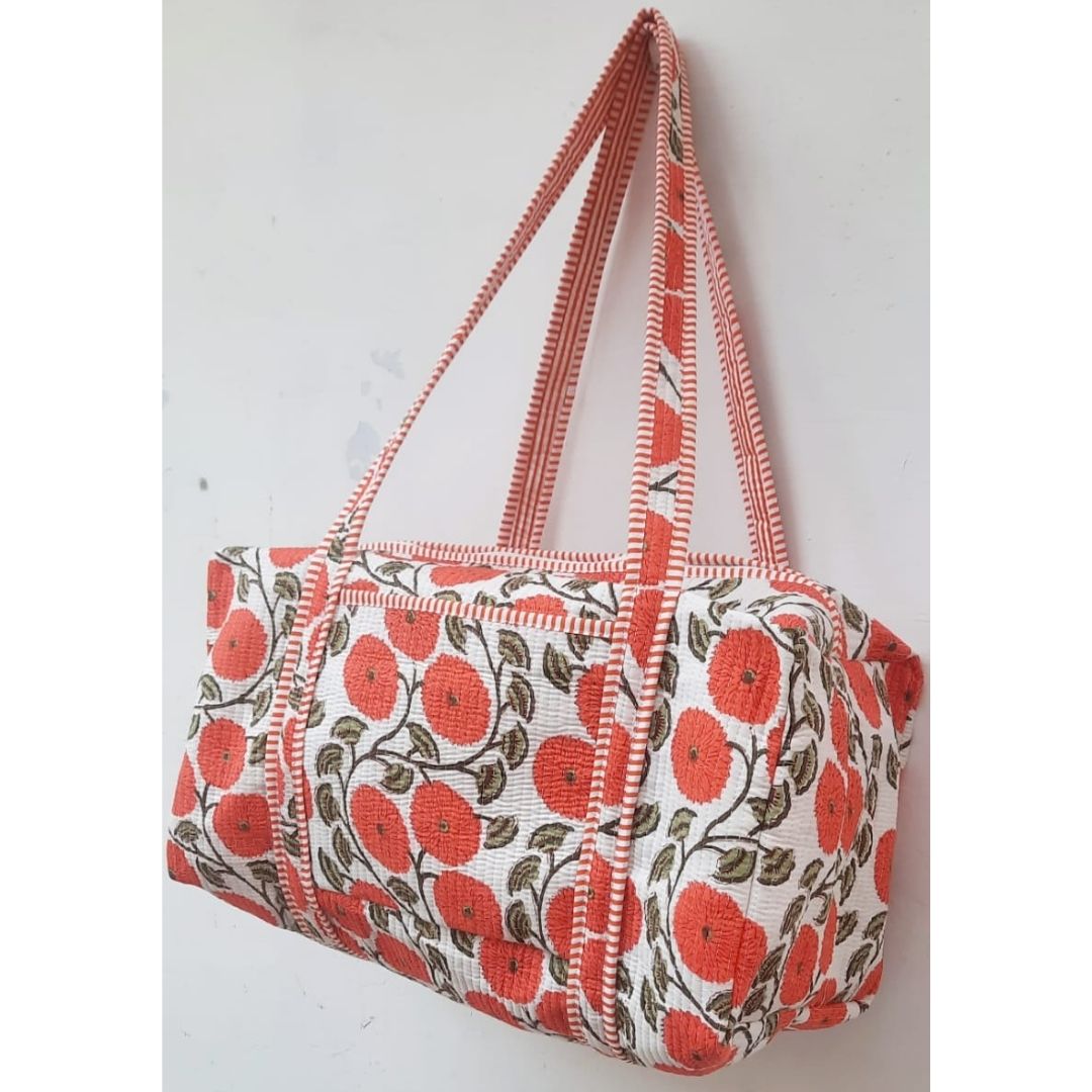 Hand Block Printed Quilted Cotton Duffle Bag – Scarlet Bloom Heritage | Sustainable Travel Bag
