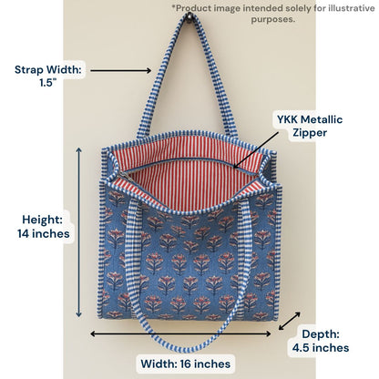 Hand Block Printed Quilted Cotton Tote Bag | Indigo Bloom Heritage Bag  | Eco friendly Machine Washable Tote bag