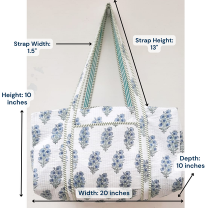 Hand Block Printed Quilted Cotton Duffle Bag – Indigo Blossom | Sustainable Travel Bag